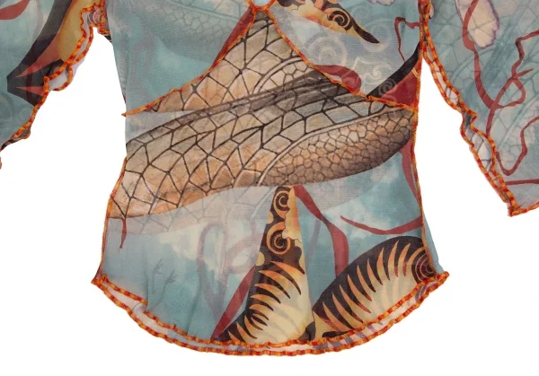 ジャンポールゴルチエ ファムJean Paul GAULTIER FEMME グラフィックプリントパワーネットスカーフスリーブトップス 水色他40 K-113099_006