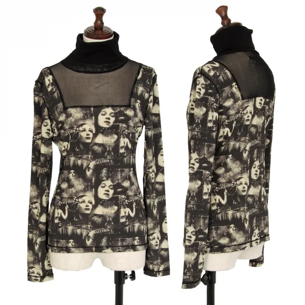 ジャンポールゴルチエ ファムJean Paul GAULTIER FEMME パワーネット切替フェイスプリントストレッチハイネックトップス 黒ベージュ40 K-113110_001