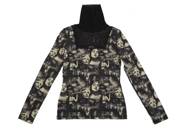 ジャンポールゴルチエ ファムJean Paul GAULTIER FEMME パワーネット切替フェイスプリントストレッチハイネックトップス 黒ベージュ40 K-113110_002