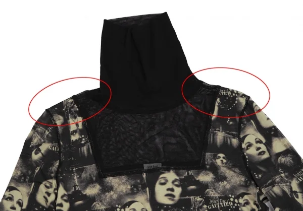 ジャンポールゴルチエ ファムJean Paul GAULTIER FEMME パワーネット切替フェイスプリントストレッチハイネックトップス 黒ベージュ40 K-113110_003