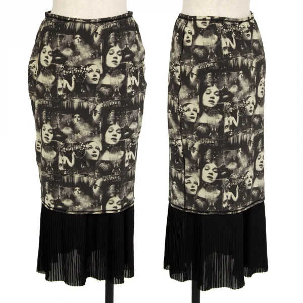 ジャンポールゴルチエ ファムJean Paul GAULTIER FEMME パワーネットプリーツレイヤードフェイスプリントストレッチスカート 黒ベージュ40 K-113111_001