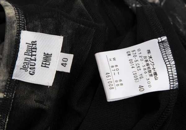 ジャンポールゴルチエ ファムJean Paul GAULTIER FEMME パワーネットプリーツレイヤードフェイスプリントストレッチスカート 黒ベージュ40 K-113111_013