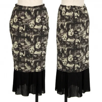 ジャンポールゴルチエ ファムJean Paul GAULTIER FEMME パワーネットプリーツレイヤードフェイスプリントストレッチスカート 黒ベージュ