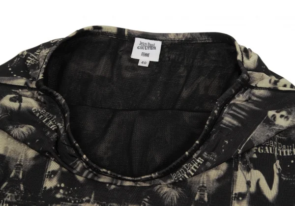 ジャンポールゴルチエ ファムJean Paul GAULTIER FEMME パワーネットプリーツレイヤードフェイスプリントストレッチスカート 黒ベージュ40 K-113111_004