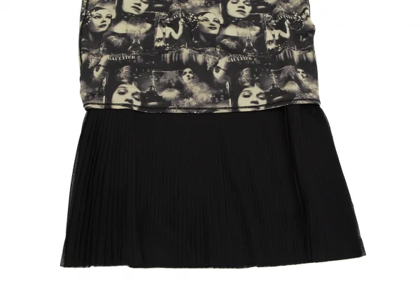 ジャンポールゴルチエ ファムJean Paul GAULTIER FEMME パワーネットプリーツレイヤードフェイスプリントストレッチスカート 黒ベージュ40 K-113111_005