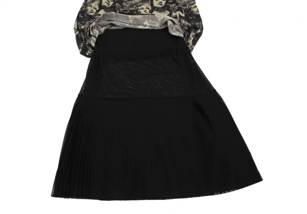 ジャンポールゴルチエ ファムJean Paul GAULTIER FEMME パワーネットプリーツレイヤードフェイスプリントストレッチスカート 黒ベージュ40 K-113111_006