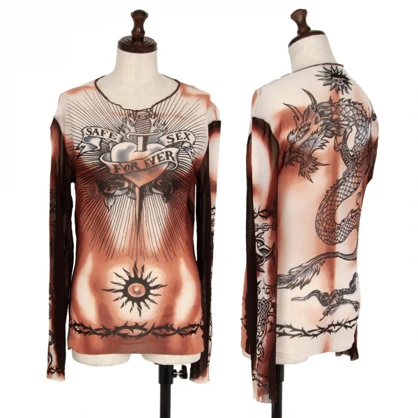 ジャンポールゴルチエ マイユJean Paul GAULTIER MAILLE タトゥープリントパワーネットカットソー 白黒赤茶M位 K-113125_001