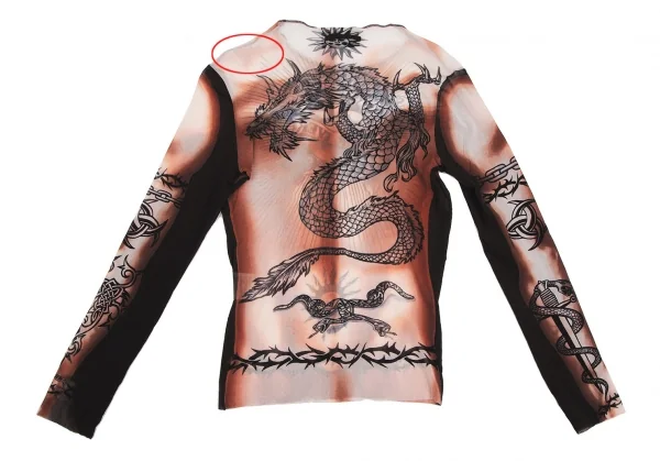 ジャンポールゴルチエ マイユJean Paul GAULTIER MAILLE タトゥープリントパワーネットカットソー 白黒赤茶M位 K-113125_010