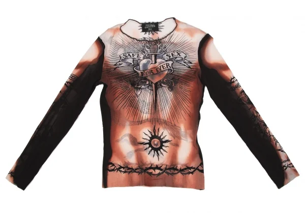 ジャンポールゴルチエ マイユJean Paul GAULTIER MAILLE タトゥープリントパワーネットカットソー 白黒赤茶M位 K-113125_002