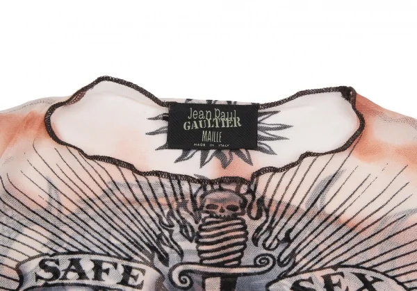 ジャンポールゴルチエ マイユJean Paul GAULTIER MAILLE タトゥープリントパワーネットカットソー 白黒赤茶M位 K-113125_003