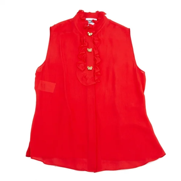 モスキーノ クチュールMOSCHINO COUTURE ベアーメタルボタンフリルノースリーブシャツ 赤48 K-113182_002