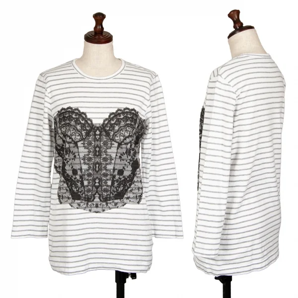 トリココムデギャルソンtricot COMME des GARCONS レースビスチェプリントボーダーカットソー 白グレーS K-113235_001