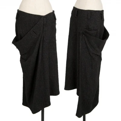 ヨウジヤマモト ノアールYohji Yamamoto NOIR ウールシルクハーフラップスカート 黒