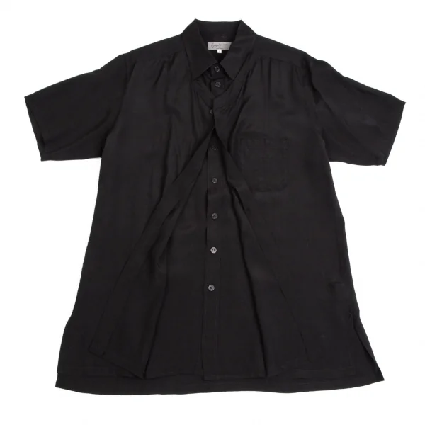 ヨウジヤマモト プールオムYohji Yamamoto POUR HOMME レーヨンシルクフロントレイヤード半袖シャツ 黒3 K-113342_001