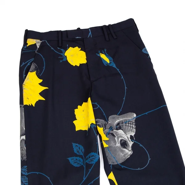 ヨウジヤマモト プールオムYohji Yamamoto POUR HOMME ウールギャバスカルローズプリントパンツ 紺3 K-113347_002