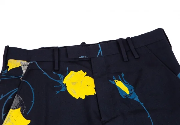 ヨウジヤマモト プールオムYohji Yamamoto POUR HOMME ウールギャバスカルローズプリントパンツ 紺3 K-113347_003
