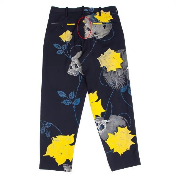 ヨウジヤマモト プールオムYohji Yamamoto POUR HOMME ウールギャバスカルローズプリントパンツ 紺3 K-113347_009