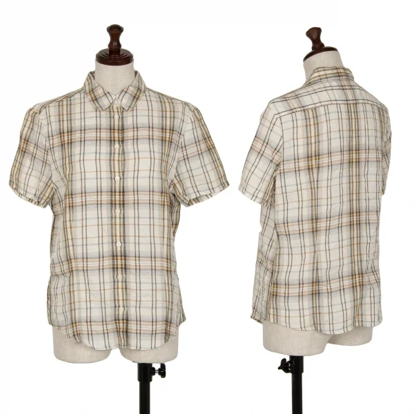マドモアゼルノンノンMademoiselle NON NON リネンコットンシワ加工チェック半袖シャツ ベージュ茶38(M) K-113359_001