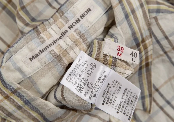マドモアゼルノンノンMademoiselle NON NON リネンコットンシワ加工チェック半袖シャツ ベージュ茶38(M) K-113359_011
