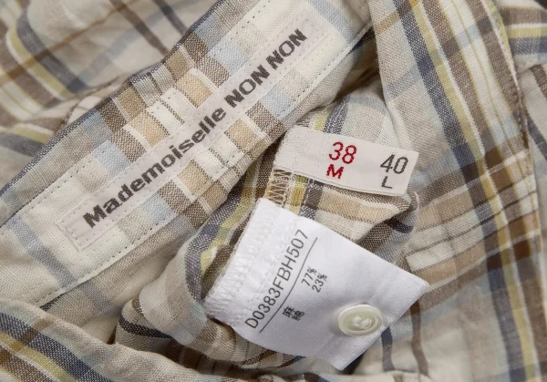 マドモアゼルノンノンMademoiselle NON NON リネンコットンシワ加工チェック半袖シャツ ベージュ茶38(M) K-113359_012
