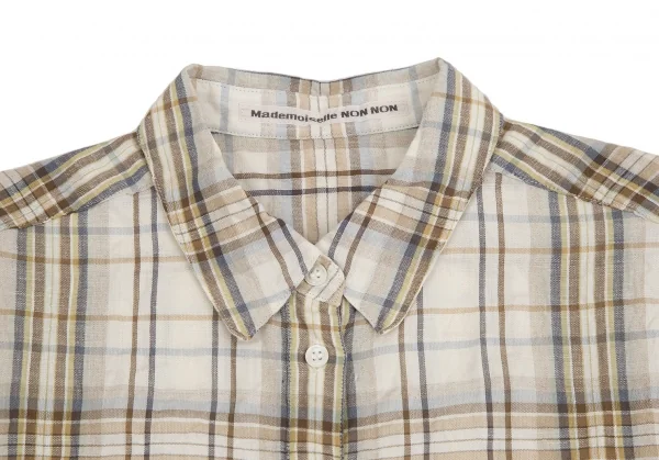 マドモアゼルノンノンMademoiselle NON NON リネンコットンシワ加工チェック半袖シャツ ベージュ茶38(M) K-113359_003