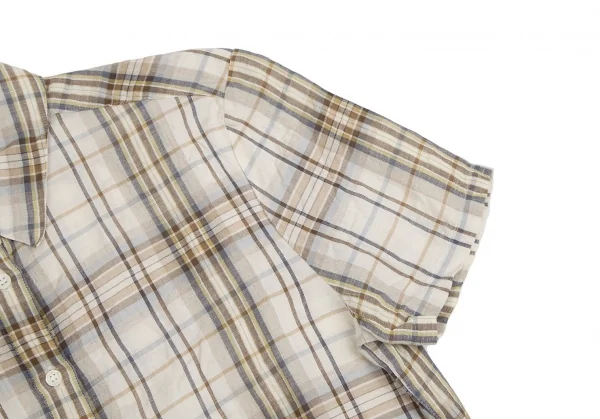 マドモアゼルノンノンMademoiselle NON NON リネンコットンシワ加工チェック半袖シャツ ベージュ茶38(M) K-113359_005