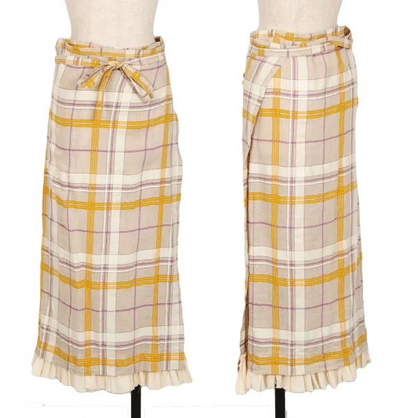 ローブドシャンブル コムデギャルソンrobe de chambre COMME des GARCONS リネン裾フリル切替チェックラップスカート ベージュF K-113383_001
