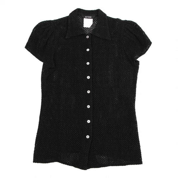 アツロウタヤマA.T ATSURO TAYAMA メッシュ編みギャザースリーブ半袖シャツ 黒M位 K-113476_002