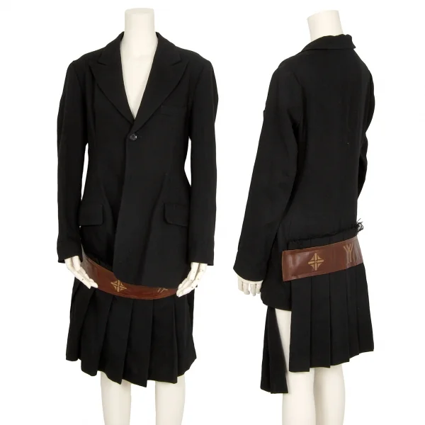 ヨウジヤマモト ファムYohji Yamamoto FEMME モノグラムレザー切替プリーツスカートドッキングジャケット 黒1 K-113499_001