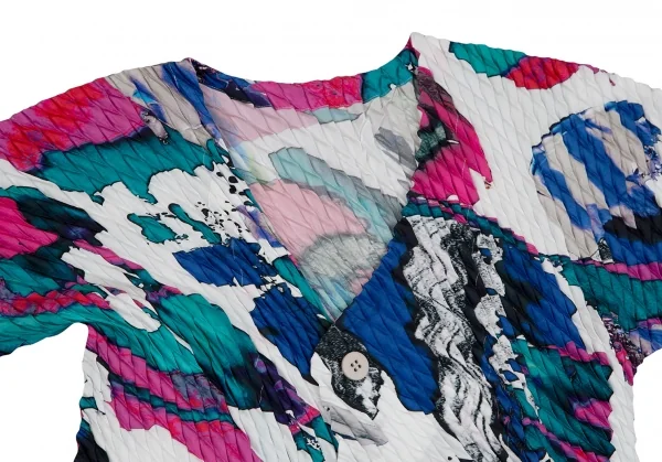 イッセイミヤケISSEY MIYAKE グラフィックプリントプリーツカーディガン 白青緑他M位 K-113638_003
