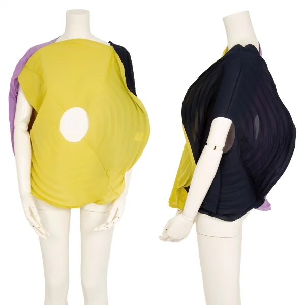 イッセイミヤケISSEY MIYAKE LINK RINGS トリカラーリングプリーツトップス 紺黄水色2 K-113646_001