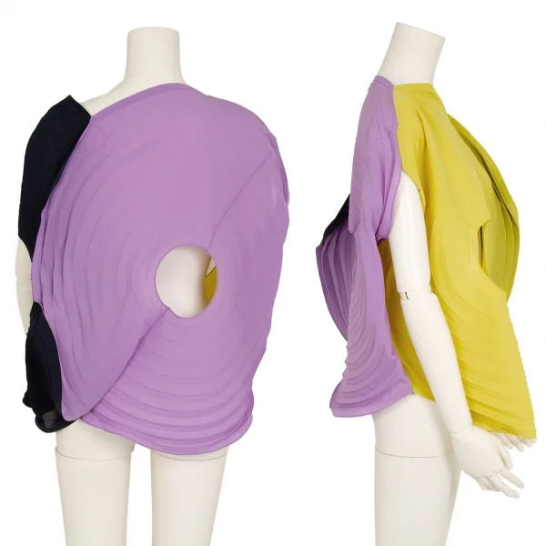 イッセイミヤケISSEY MIYAKE LINK RINGS トリカラーリングプリーツトップス 紺黄水色2 K-113646_002