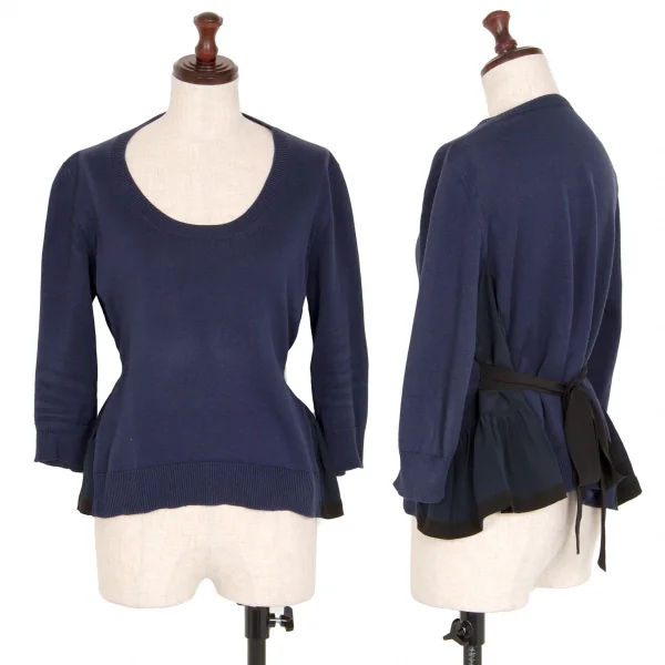 プラダPRADA サイドギャザーシルク切替コットンニット 紺36 K-113746_001