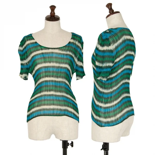 イッセイミヤケISSEY MIYAKE ぼかしボーダープリーツTシャツ 緑水色M位 K-113786_001