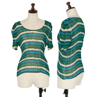 イッセイミヤケISSEY MIYAKE ぼかしボーダープリーツTシャツ 緑水色