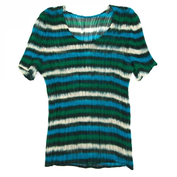 イッセイミヤケISSEY MIYAKE ぼかしボーダープリーツTシャツ 緑水色M位 K-113786_002