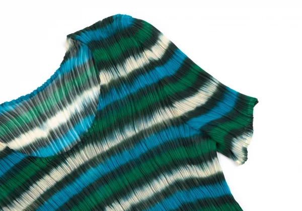 イッセイミヤケISSEY MIYAKE ぼかしボーダープリーツTシャツ 緑水色M位 K-113786_004