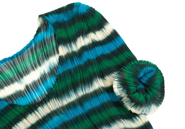 イッセイミヤケISSEY MIYAKE ぼかしボーダープリーツTシャツ 緑水色M位 K-113786_005
