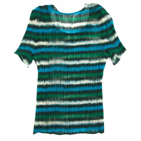イッセイミヤケISSEY MIYAKE ぼかしボーダープリーツTシャツ 緑水色M位 K-113786_008