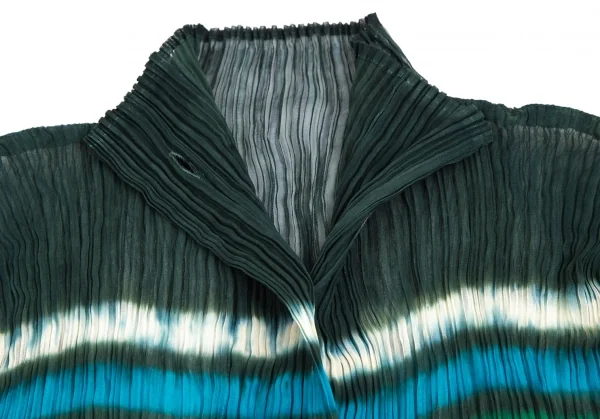 イッセイミヤケISSEY MIYAKE ぼかしボーダープリーツボタン開きブラウス 緑水色M位 K-113787_004