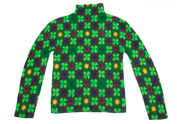 イッセイミヤケ ミーISSEY MIYAKE me クローバープリントストレッチプリーツハイネックカットソー 緑紫F K-113812_010