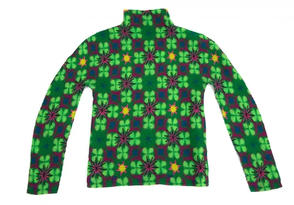 イッセイミヤケ ミーISSEY MIYAKE me クローバープリントストレッチプリーツハイネックカットソー 緑紫F K-113812_002