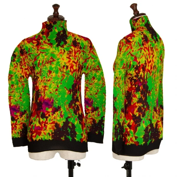 イッセイミヤケ ミーISSEY MIYAKE me グラフィックプリントストレッチプリーツハイネックカットソー 黄緑マルチF K-113813_001