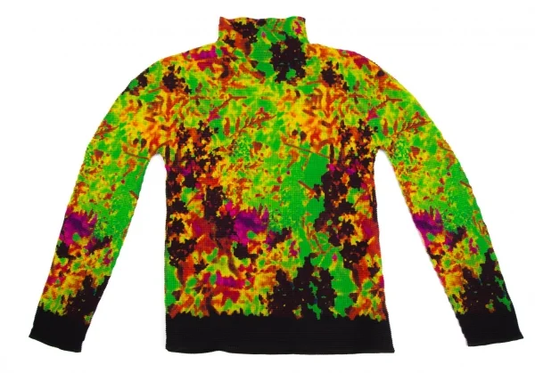 イッセイミヤケ ミーISSEY MIYAKE me グラフィックプリントストレッチプリーツハイネックカットソー 黄緑マルチF K-113813_002