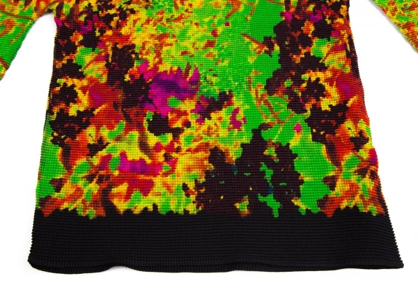 イッセイミヤケ ミーISSEY MIYAKE me グラフィックプリントストレッチプリーツハイネックカットソー 黄緑マルチF K-113813_006