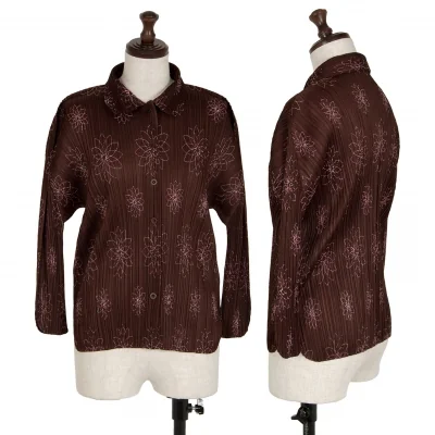 プリーツプリーズPLEATS PLEASE フラワー刺繍プリーツシャツ 赤茶