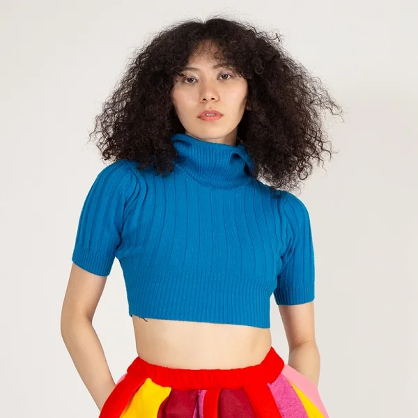 ゴルチエジーンズGAULTIER JEAN'S ウールフード付きショートリブニットセーター 青40 K-113897_014