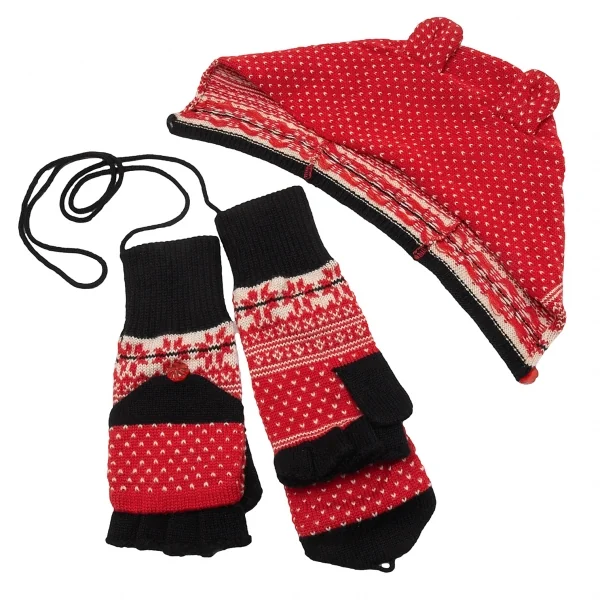 ジャンポールゴルチエ ファムJean Paul GAULTIER FEMME ノルディックフィンガーレス2WAYニットグローブ耳付きニットキャップセット 赤40 K-113910_001