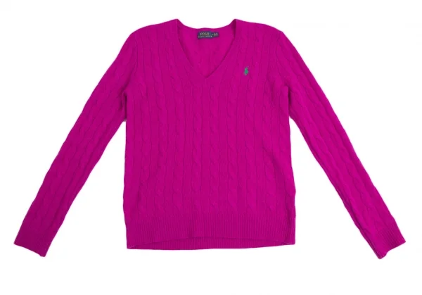 ポロラルフローレンPOLO RALPH LAUREN ポニー刺繍カシミヤ混ウールVネックケーブルニットセーター 紫S K-113914_002