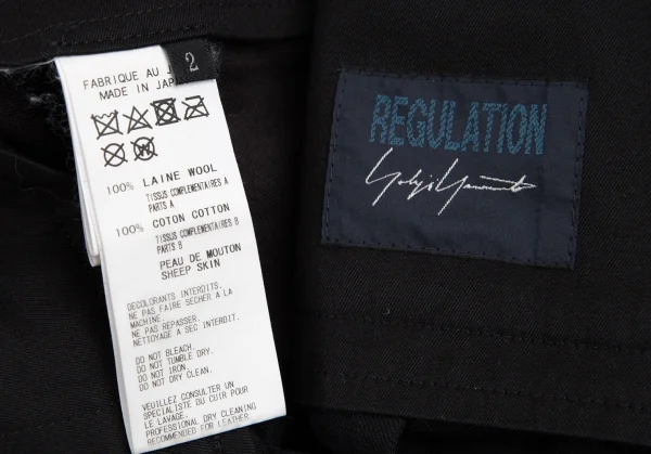 レギュレーション ヨウジヤマモトREGULATION yohji yamamoto レザーシンチバックウールギャバサルエルワイドパンツ 黒2 K-113926_015